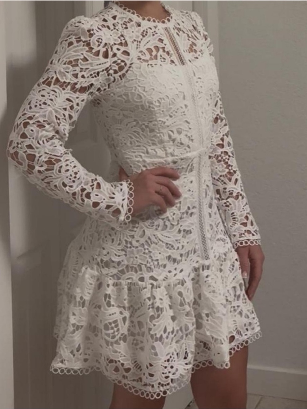 White elegant Lace Long Sleeve Mini Dress | Size S